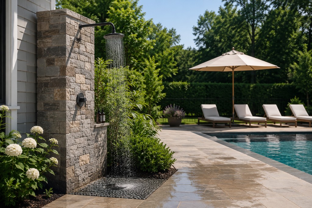 Outdoor stone shower pillar beside swimming pool with patio lounge seating